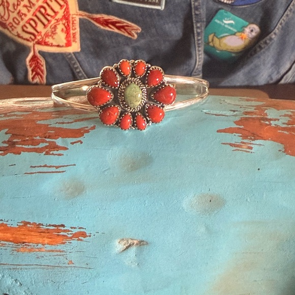 Beautifully Crafted Coral and Green Turquoise Cuff Bracelet 
Sterling Silver - Picture 3 of 7